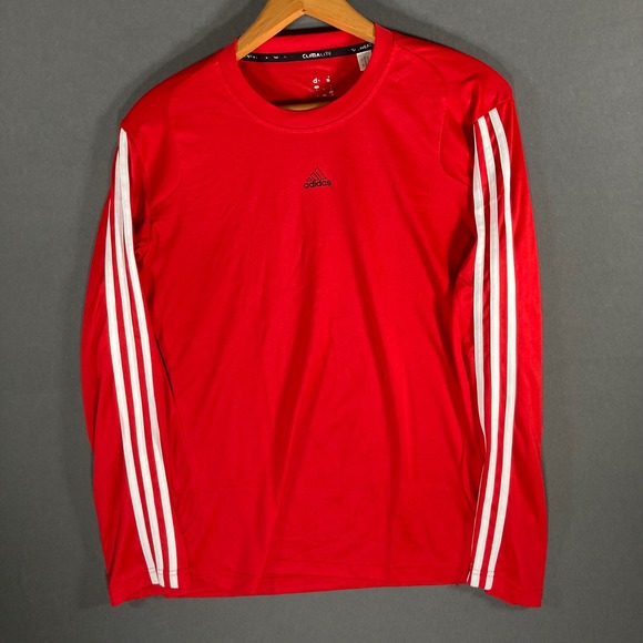 Adidas ClimaLite Mens Red Long Sleeve T-Shirt Three Stripe Size L Activewear - Picture 1 of 8